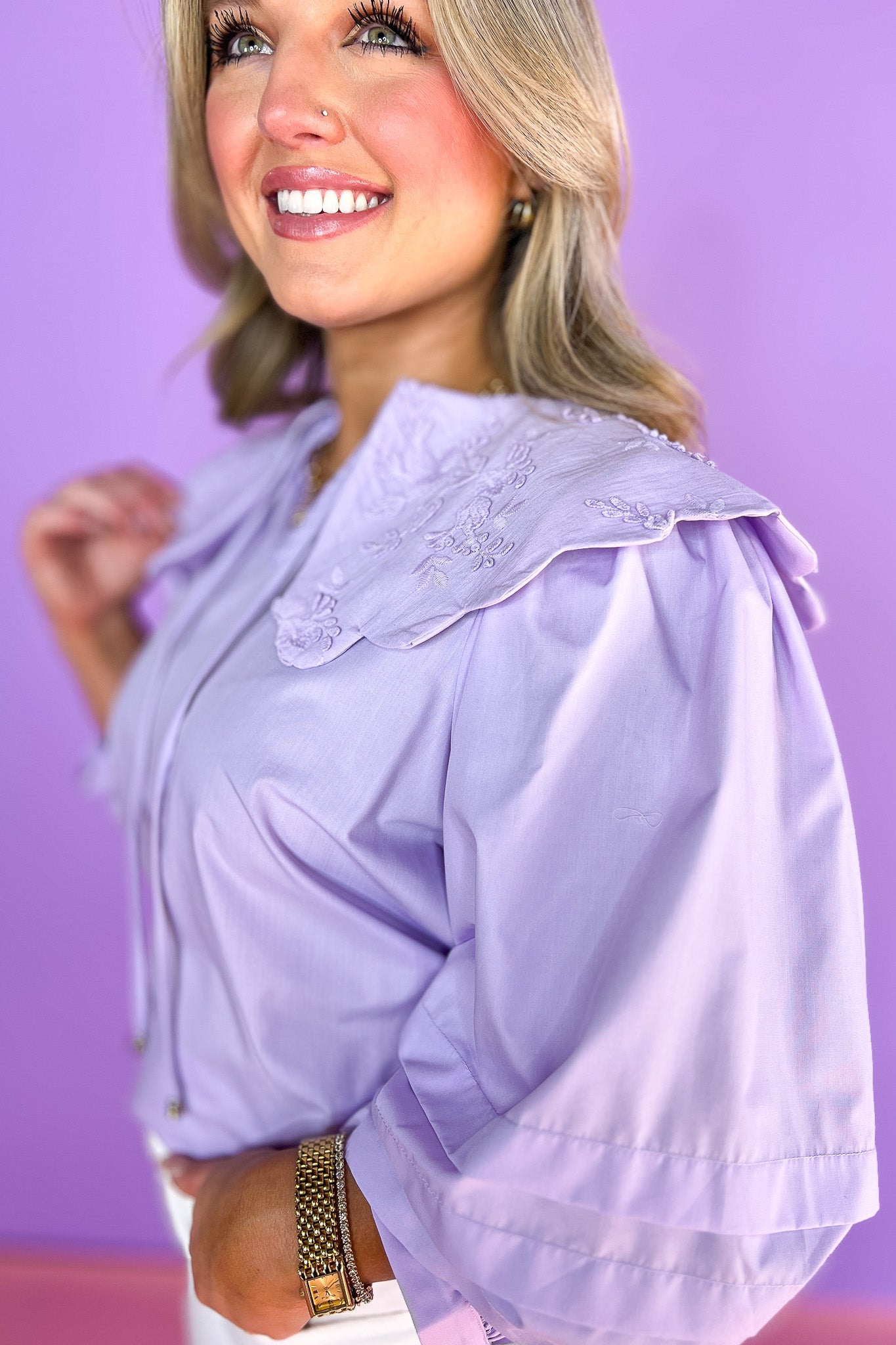 Lavender V Neck Scallop Oversized Collar Top, collar string details, lace details, floral design, work top, church top, sophisticated, elevated, ssys by mallory fitzsimmons