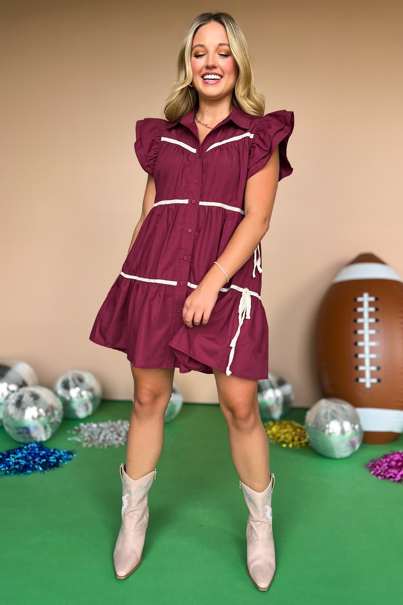 Burgundy Collared Double Ruffle Sleeve Tie Side Detail Button Down Dress, must have dress, must have style, gameday style, brunch style, fall fashion, elevated style, elevated style, mom style, shop style your senses by mallory fitzsimmons, ssys by mallory fitzsimmons
