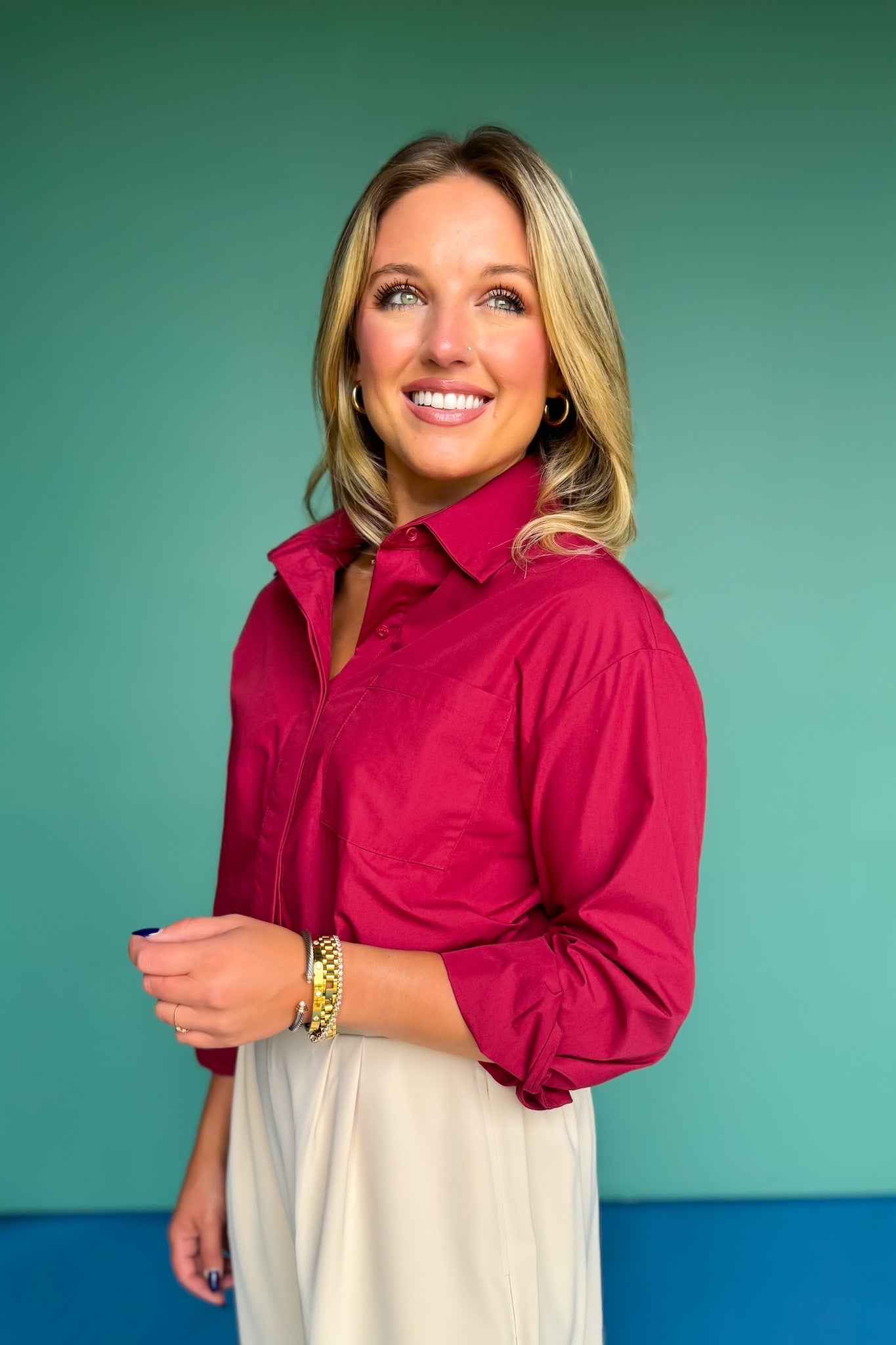 SSYS Juliette Maroon Poplin Long Sleeve Button Down Top