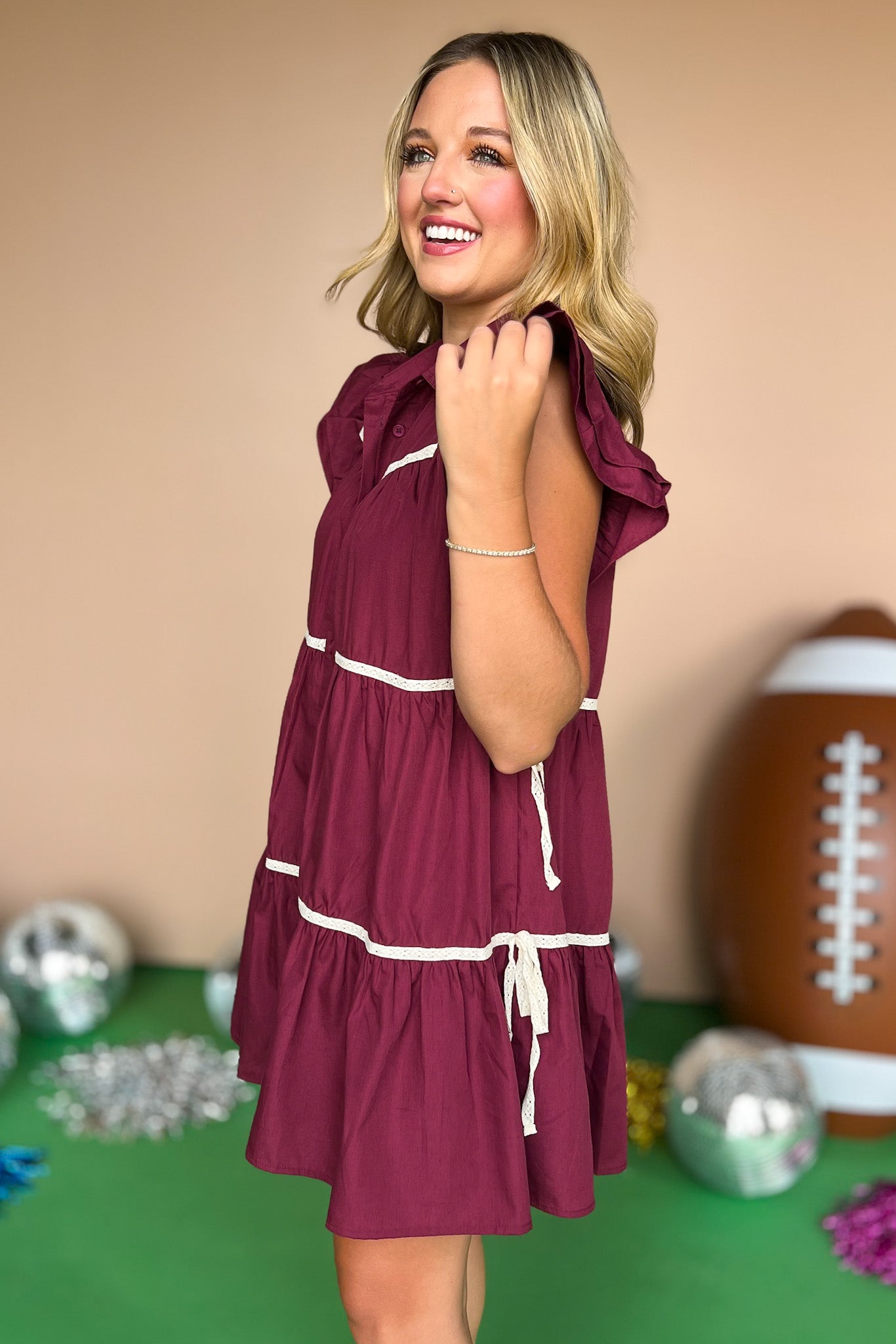 Burgundy Collared Double Ruffle Sleeve Tie Side Detail Button Down Dress, must have dress, must have style, gameday style, brunch style, fall fashion, elevated style, elevated style, mom style, shop style your senses by mallory fitzsimmons, ssys by mallory fitzsimmons