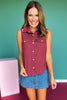 SSYS Edith Sleeveless Denim Embroidered Top In Maroon