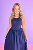 Navy Ribbed Knit Contrast Poplin Sleeveless Midi Dress, summer dress, church dress, spring dress, ssys by mallory fitzsimmons