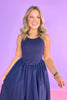 Navy Ribbed Knit Contrast Poplin Sleeveless Midi Dress, summer dress, church dress, spring dress, ssys by mallory fitzsimmons