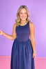 Navy Ribbed Knit Contrast Poplin Sleeveless Midi Dress, summer dress, church dress, spring dress, ssys by mallory fitzsimmons