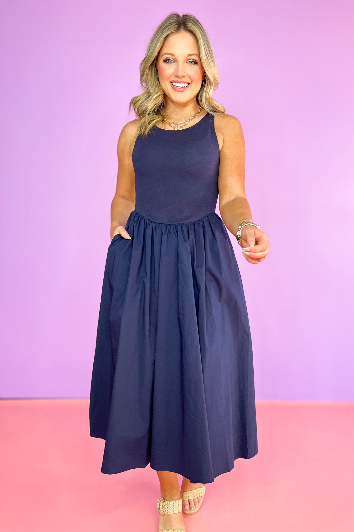Navy Ribbed Knit Contrast Poplin Sleeveless Midi Dress, summer dress, church dress, spring dress, ssys by mallory fitzsimmons