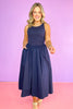 Navy Ribbed Knit Contrast Poplin Sleeveless Midi Dress, summer dress, church dress, spring dress, ssys by mallory fitzsimmons