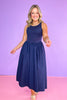 Navy Ribbed Knit Contrast Poplin Sleeveless Midi Dress, summer dress, church dress, spring dress, ssys by mallory fitzsimmons