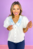 Off White Poplin Short Bubble Sleeve Embroidered Chelsea Collar Top, button details, spring top, summer top, work top, church top, sophisticated, elevated, unique, ssys by mallory fitzsimmons