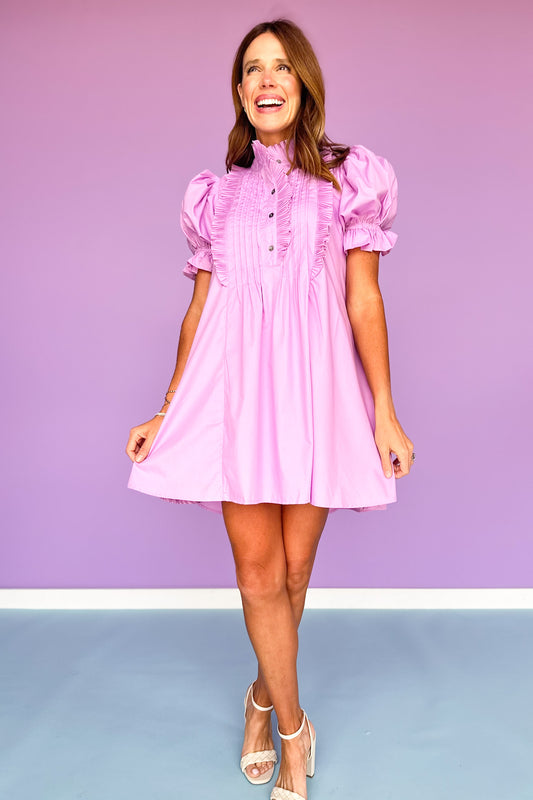 Lilac Pintuck Frill Detail Puff Sleeve Dress