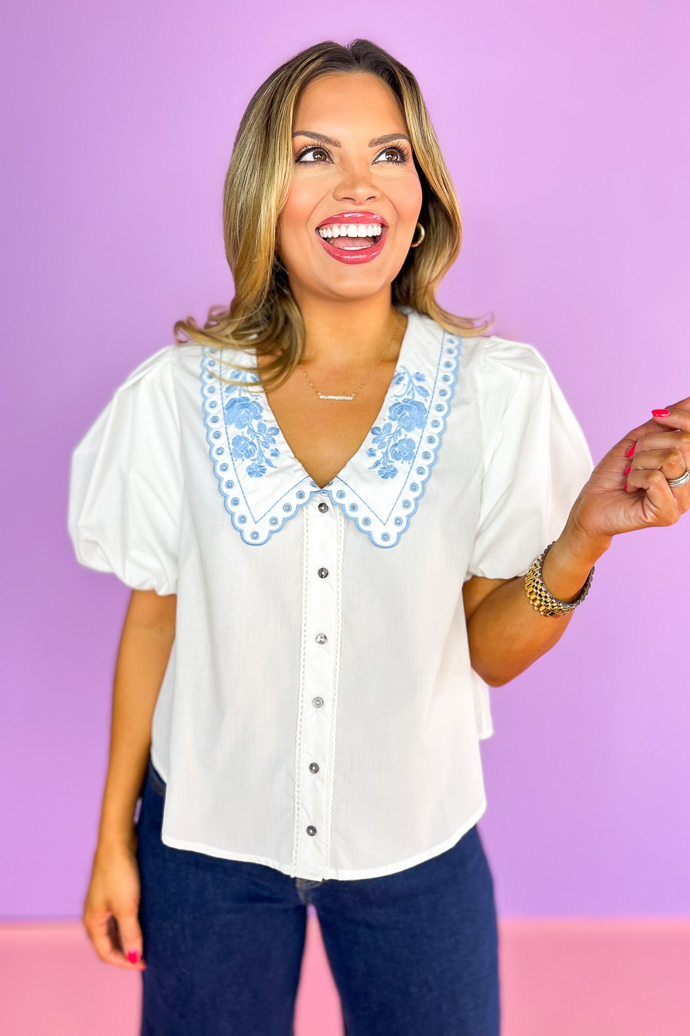 Off White Poplin Short Bubble Sleeve Embroidered Chelsea Collar Top, button details, spring top, summer top, work top, church top, sophisticated, elevated, unique, ssys by mallory fitzsimmons