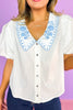 Off White Poplin Short Bubble Sleeve Embroidered Chelsea Collar Top, button details, spring top, summer top, work top, church top, sophisticated, elevated, unique, ssys by mallory fitzsimmons