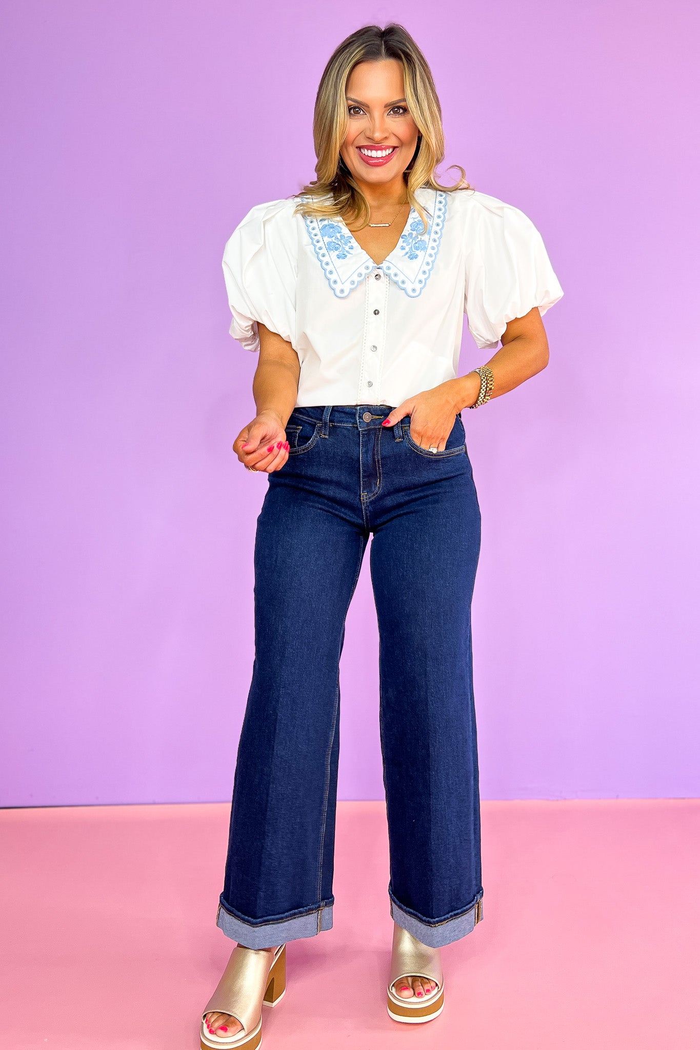 Off White Poplin Short Bubble Sleeve Embroidered Chelsea Collar Top, button details, spring top, summer top, work top, church top, sophisticated, elevated, unique, ssys by mallory fitzsimmons