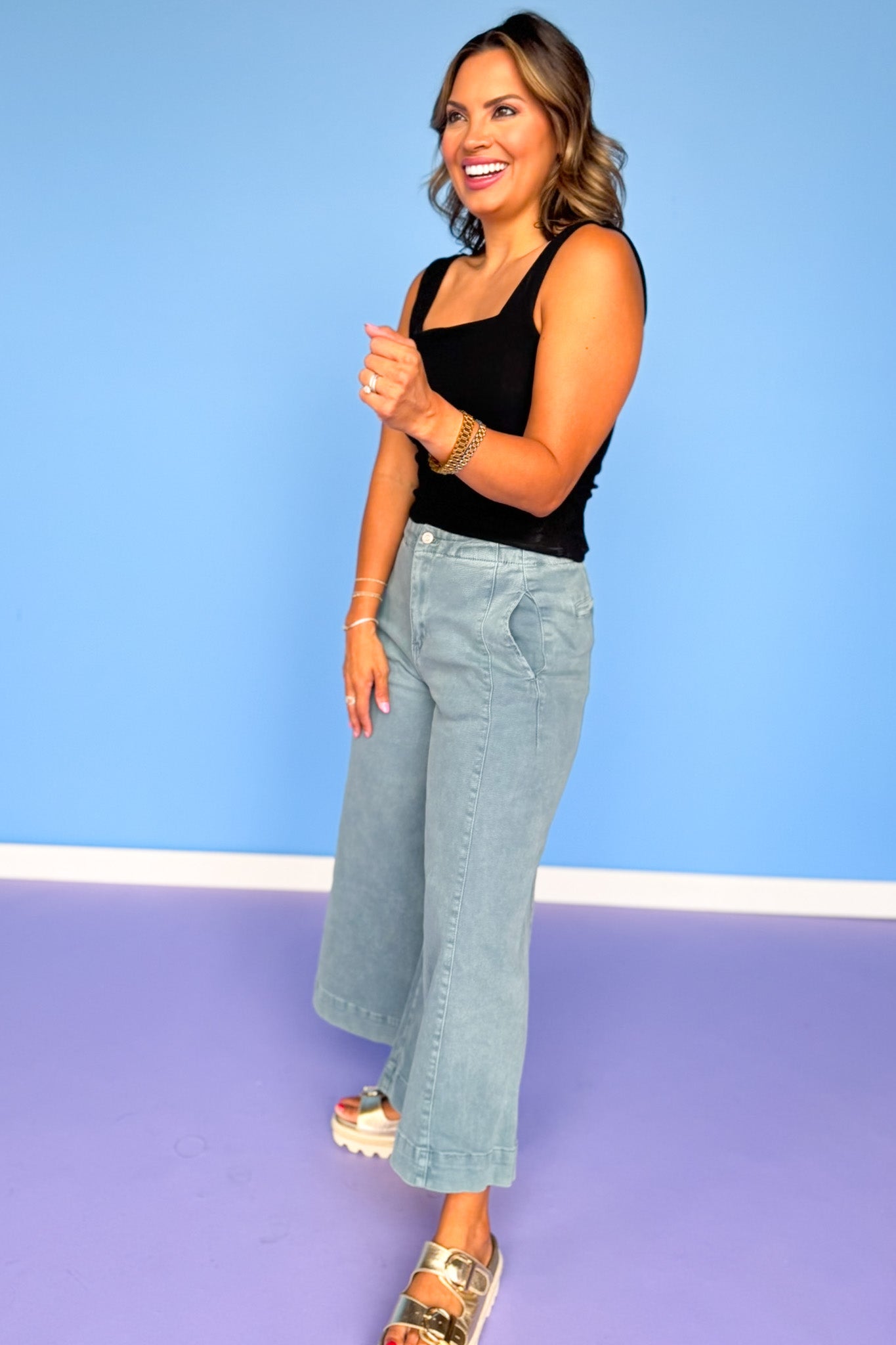 Teal High Rise Cropped Wide Leg Jeans *FINAL SALE*