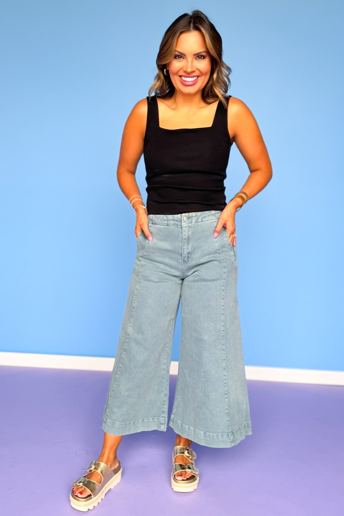 Teal High Rise Cropped Wide Leg Jeans *FINAL SALE*