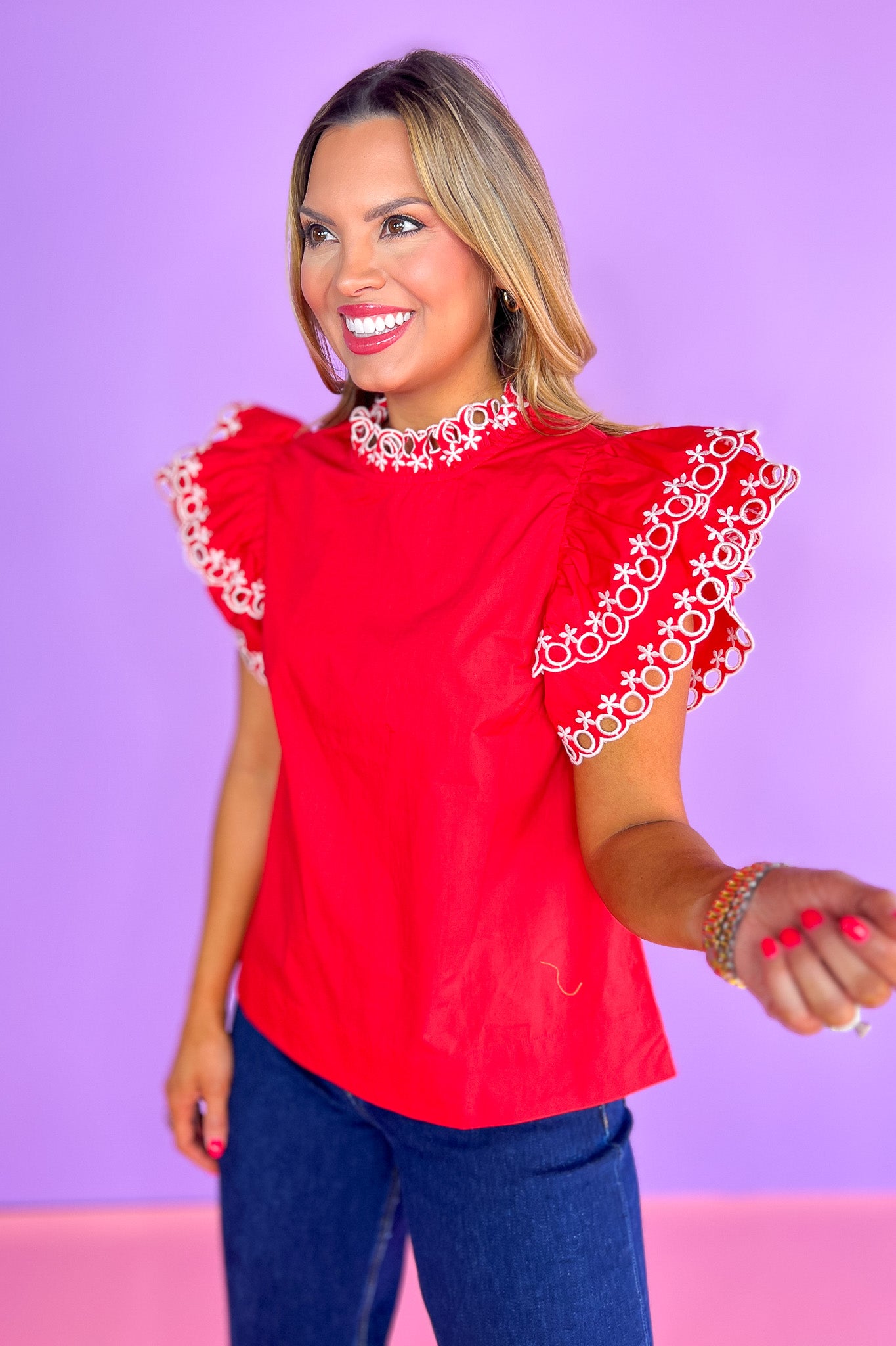 Red Lace Trim Frill Neck Layer Flutter Sleeve Top, church top, work top, spring top, summer top, vibrant, unique, ssys by mallory fitzsimmons