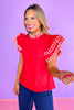 Red Lace Trim Frill Neck Layer Flutter Sleeve Top, church top, work top, spring top, summer top, vibrant, unique, ssys by mallory fitzsimmons