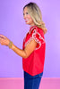 Red Lace Trim Frill Neck Layer Flutter Sleeve Top, church top, work top, spring top, summer top, vibrant, unique, ssys by mallory fitzsimmons