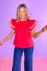 Red Lace Trim Frill Neck Layer Flutter Sleeve Top, church top, work top, spring top, summer top, vibrant, unique, ssys by mallory fitzsimmons