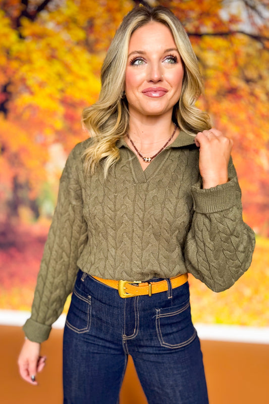 SSYS Bren Cable Knit Collared Sweater In Light Olive