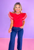 Red Lace Trim Frill Neck Layer Flutter Sleeve Top, church top, work top, spring top, summer top, vibrant, unique, ssys by mallory fitzsimmons