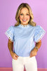 Blue Lace Trim Frill Neck Layer Flutter Sleeve Top, work top, church top, sophisticated, unique, circle cut out and floral design trim, ssys by mallory fitzsimmons