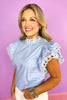 Blue Lace Trim Frill Neck Layer Flutter Sleeve Top, work top, church top, sophisticated, unique, circle cut out and floral design trim, ssys by mallory fitzsimmons
