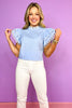 Blue Lace Trim Frill Neck Layer Flutter Sleeve Top, work top, church top, sophisticated, unique, circle cut out and floral design trim, ssys by mallory fitzsimmons