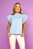 Blue Lace Trim Frill Neck Layer Flutter Sleeve Top, work top, church top, sophisticated, unique, circle cut out and floral design trim, ssys by mallory fitzsimmons