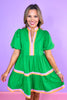Green Contrast Stripe Trim V Neck Puff Sleeve Dress, orange and lavender stripe pattern, church dress, spring dress, work dress, ssys by mallory fitzsimmons