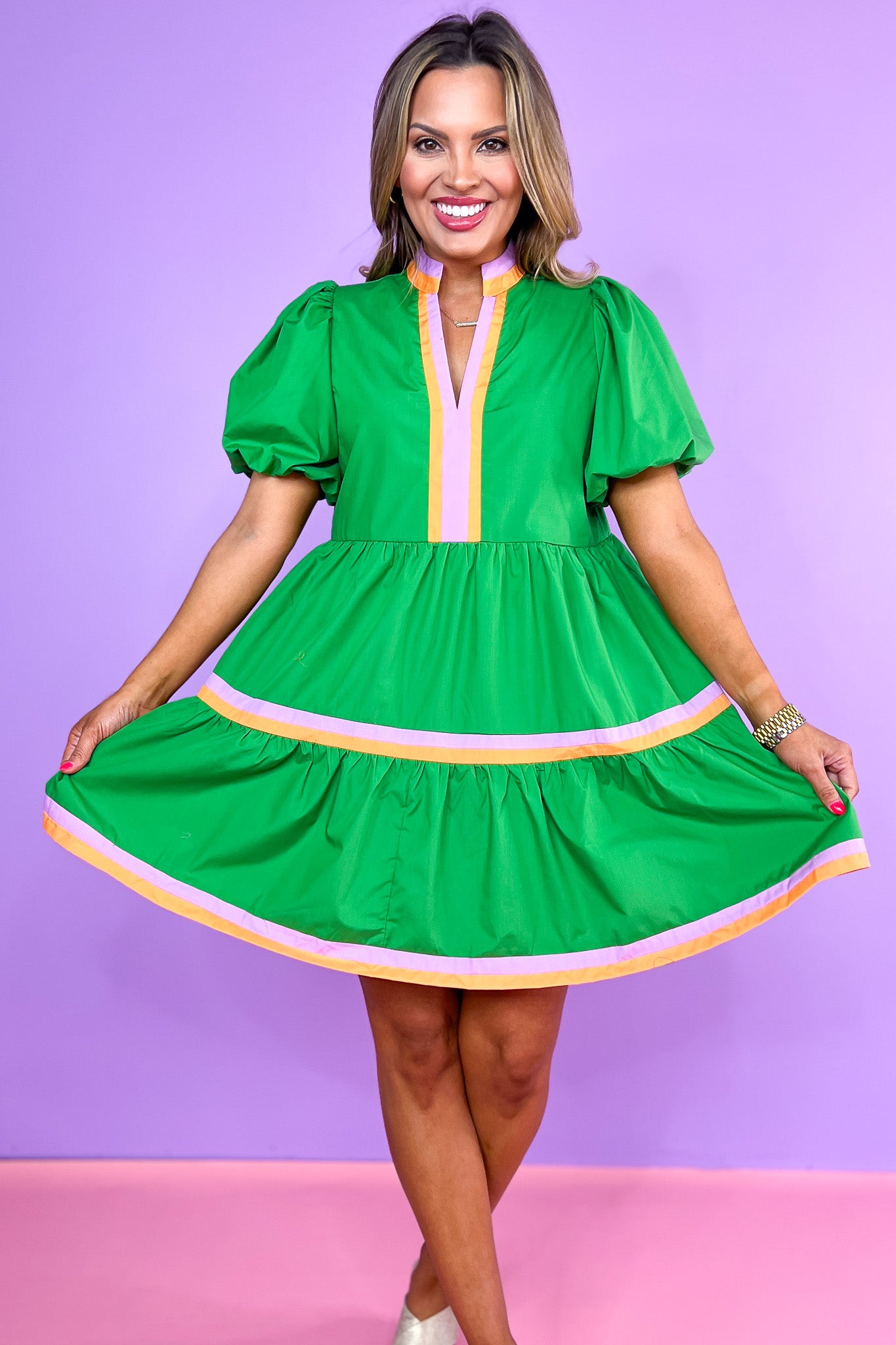 Green Contrast Stripe Trim V Neck Puff Sleeve Dress, orange and lavender stripe pattern, church dress, spring dress, work dress, ssys by mallory fitzsimmons