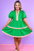 Green Contrast Stripe Trim V Neck Puff Sleeve Dress, orange and lavender stripe pattern, church dress, spring dress, work dress, ssys by mallory fitzsimmons