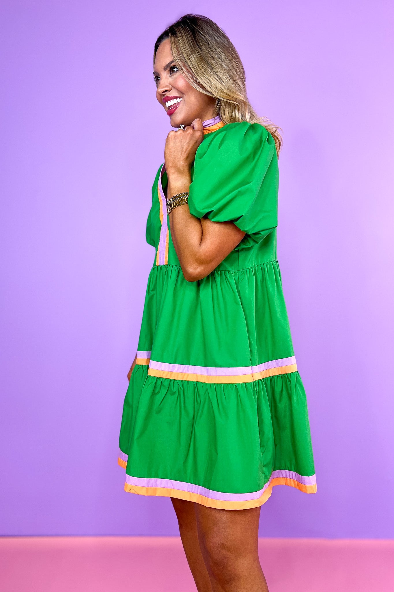Green Contrast Stripe Trim V Neck Puff Sleeve Dress, orange and lavender stripe pattern, church dress, spring dress, work dress, ssys by mallory fitzsimmons