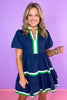 Navy Contrast Stripe Trim V Neck Puff Sleeve Dress, white and green stripe pattern, church dress, spring dress, work dress, ssys by mallory fitzsimmons