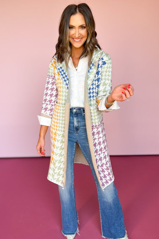 Off White Multi Houndstooth Long Body Cardigan,