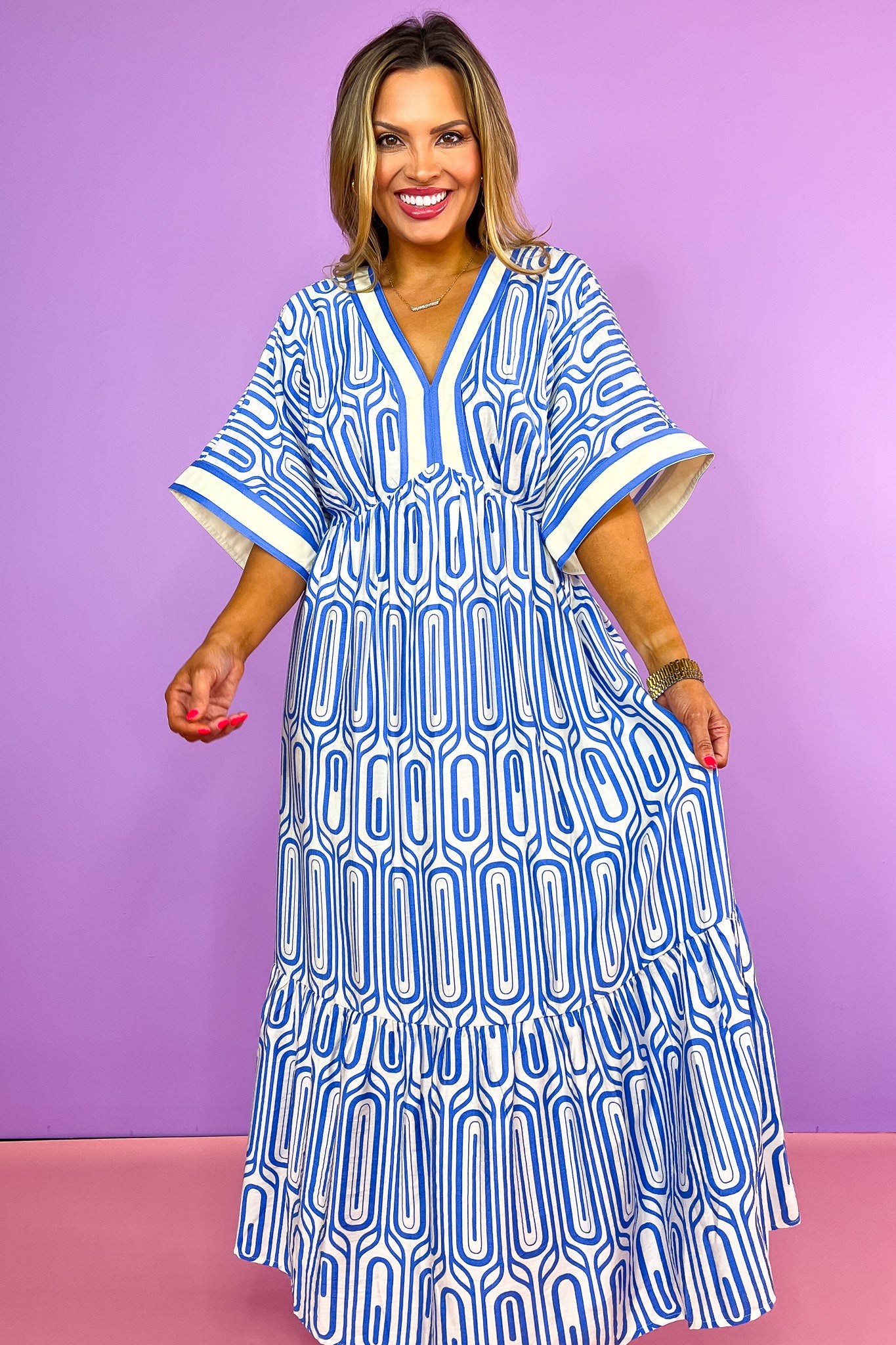 Blue Abstract Print V Neck Accented Trim 3/4 Sleeve Dress, elevated, unique, blue and white pattern with stripe trim, spring dress, summer dress, church dress, work dress, ssys by mallory fitzsimmons