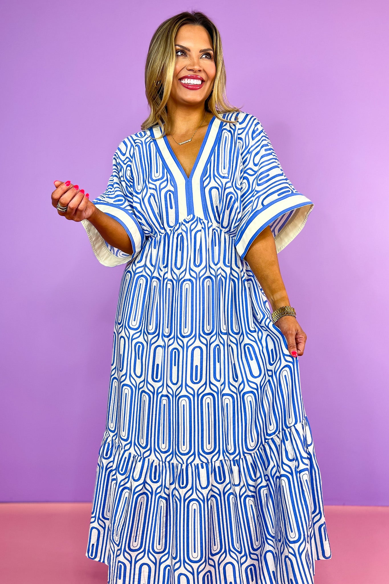 Blue Abstract Print V Neck Accented Trim 3/4 Sleeve Dress, elevated, unique, blue and white pattern with stripe trim, spring dress, summer dress, church dress, work dress, ssys by mallory fitzsimmons