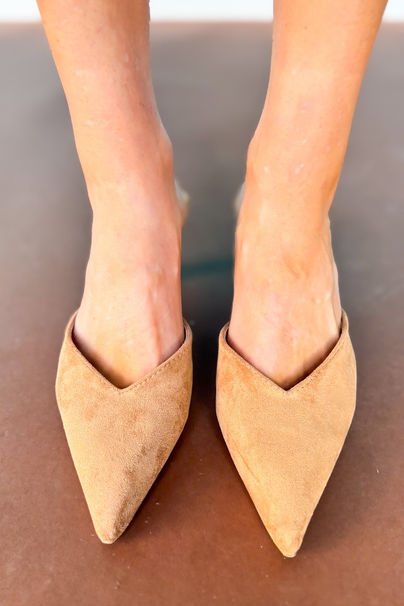 Camel Suede Pointed Toe Mule Kitten Heel