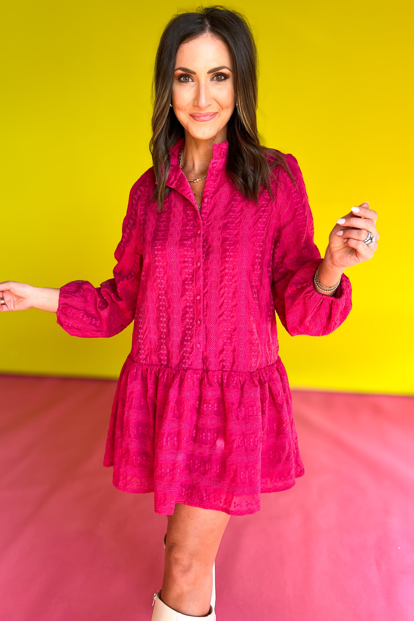 Fuchsia Lace Frill Band Collar Drop Waist Dress *FINAL SALE*
