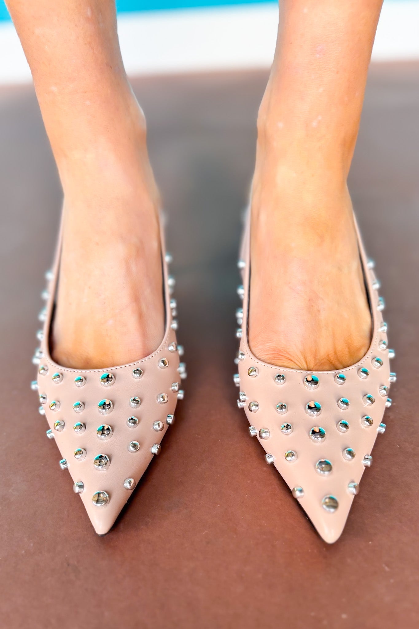 Beige Slingback Kitten Heels with Crystal Studs