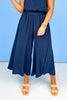 Navy Front Pleat Back Elastic Wide Leg Pants
