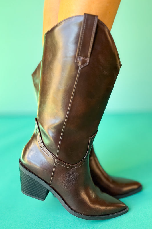 Dark Brown Sleek Mid-Calf Western Boots