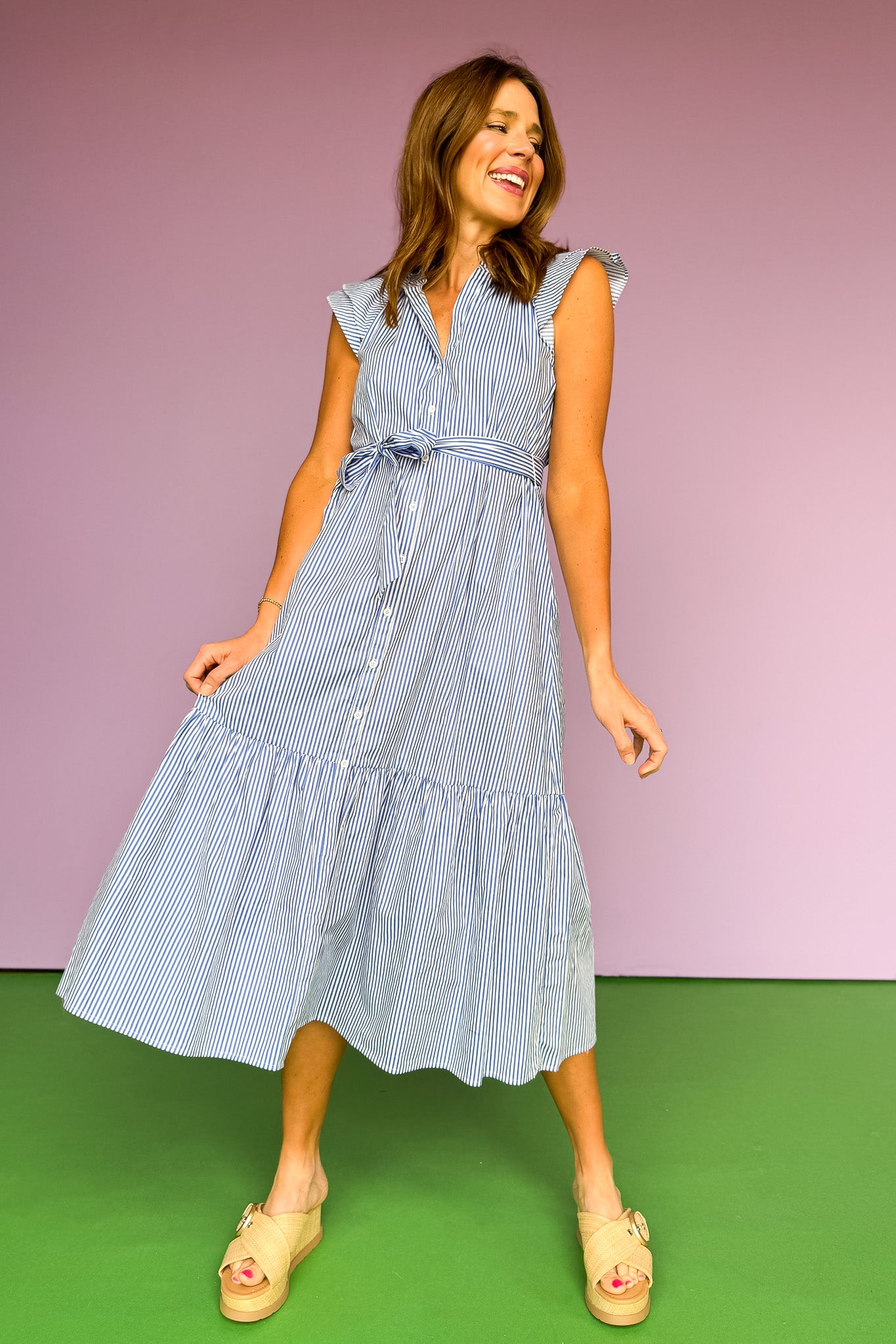 Blue Split Neck Cap Sleeve Button Down Belt Tie Midi Dress *FINAL SALE*
