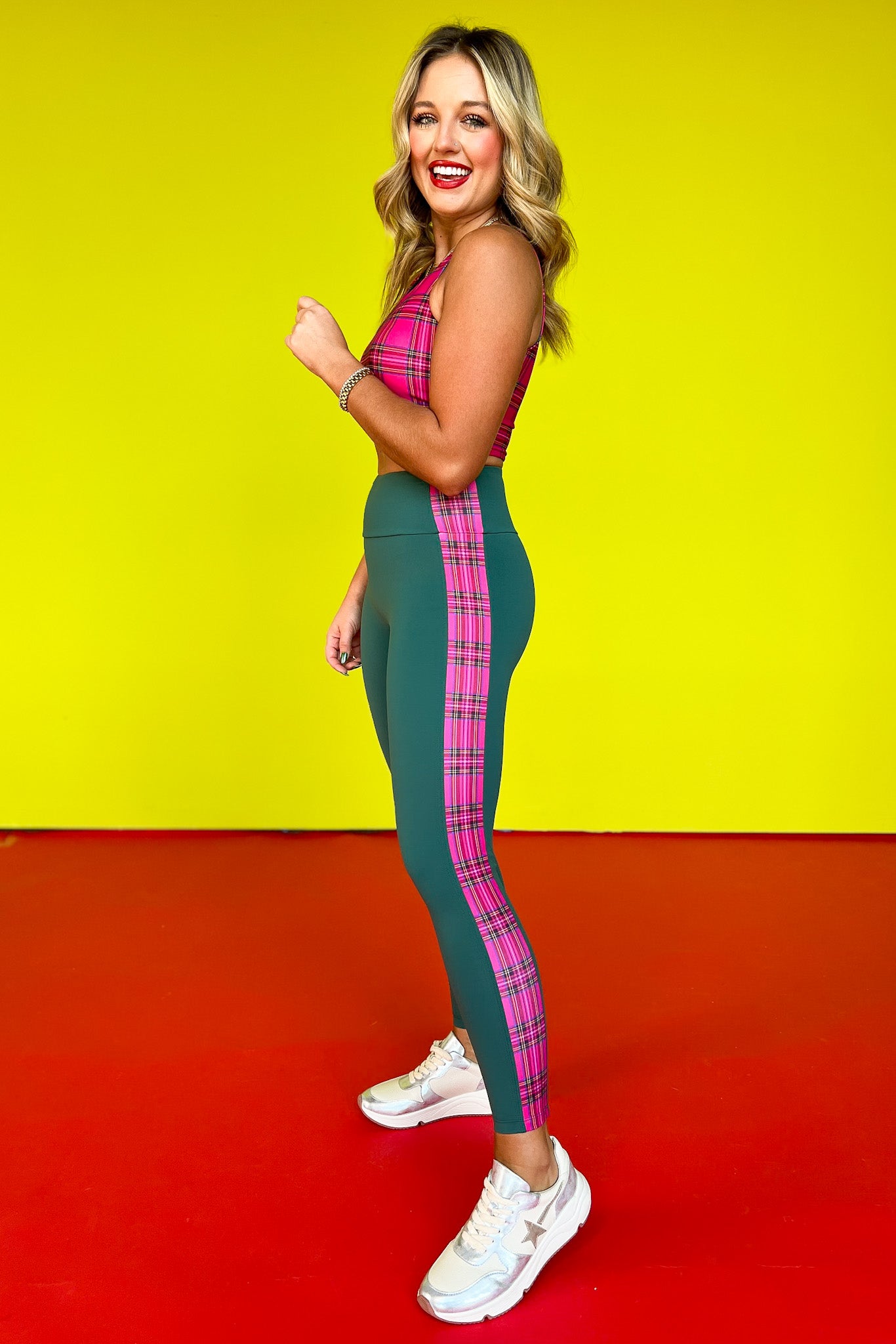 SSYS Pink Tartan Plaid Inset Hunter Green High Waist Leggings