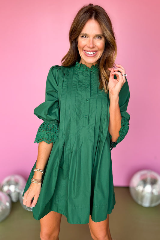 Green Eyelet Frill Neck Cuff Detail 3/4 Sleeve Pleated Dress, must have dress, must have style, fall style, fall fashion, elevated style, elevated style, mom style, shop style your senses by mallory fitzsimmons, ssys by mallory fitzsimmons