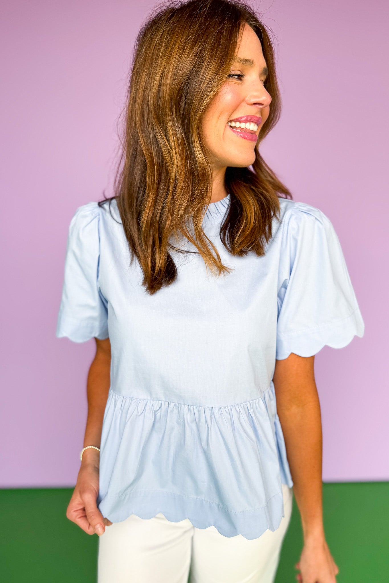 Blue Frill Neck Scallop Detail Peplum Top *FINAL SALE*