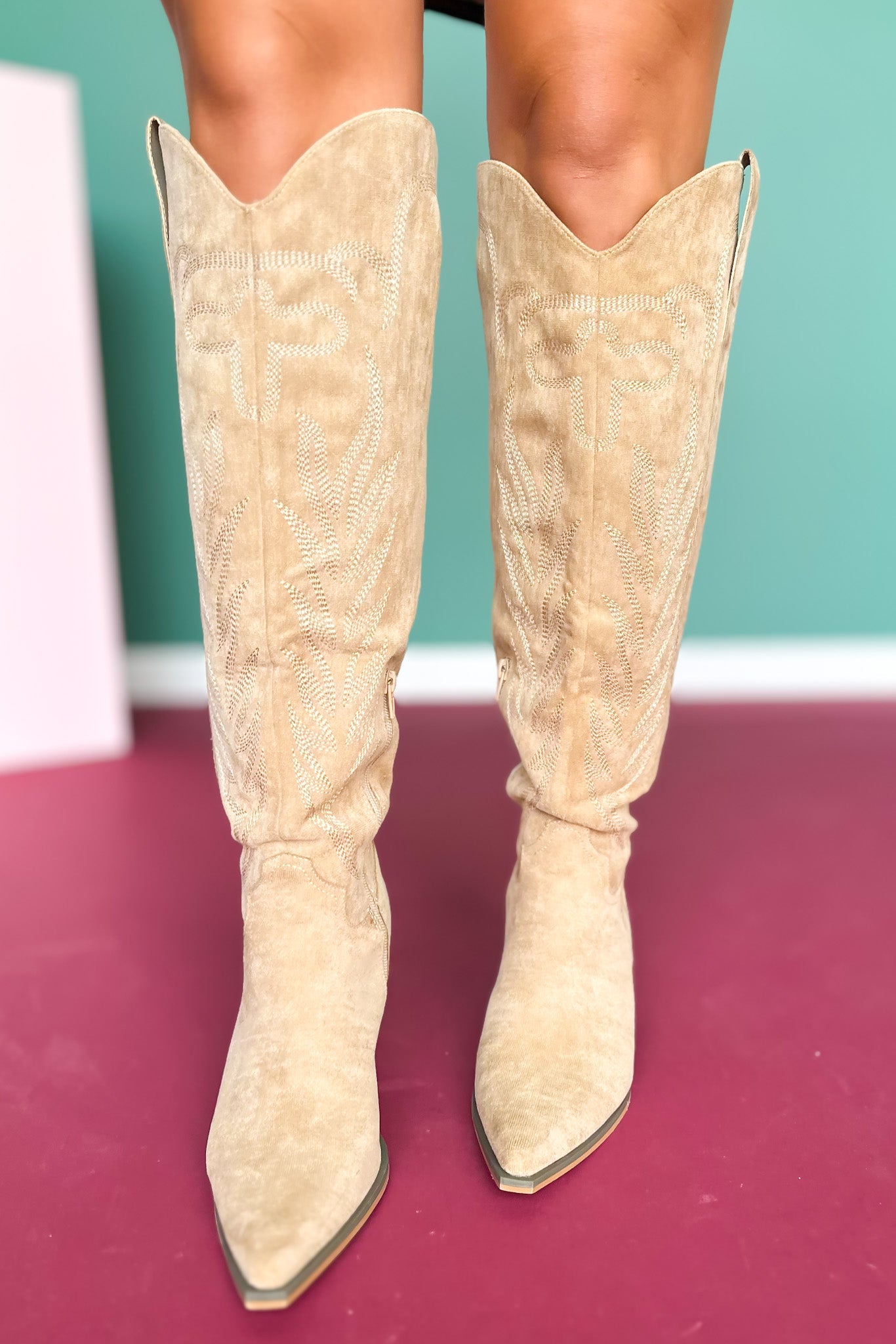 Almond Knee High Embroidered Boots