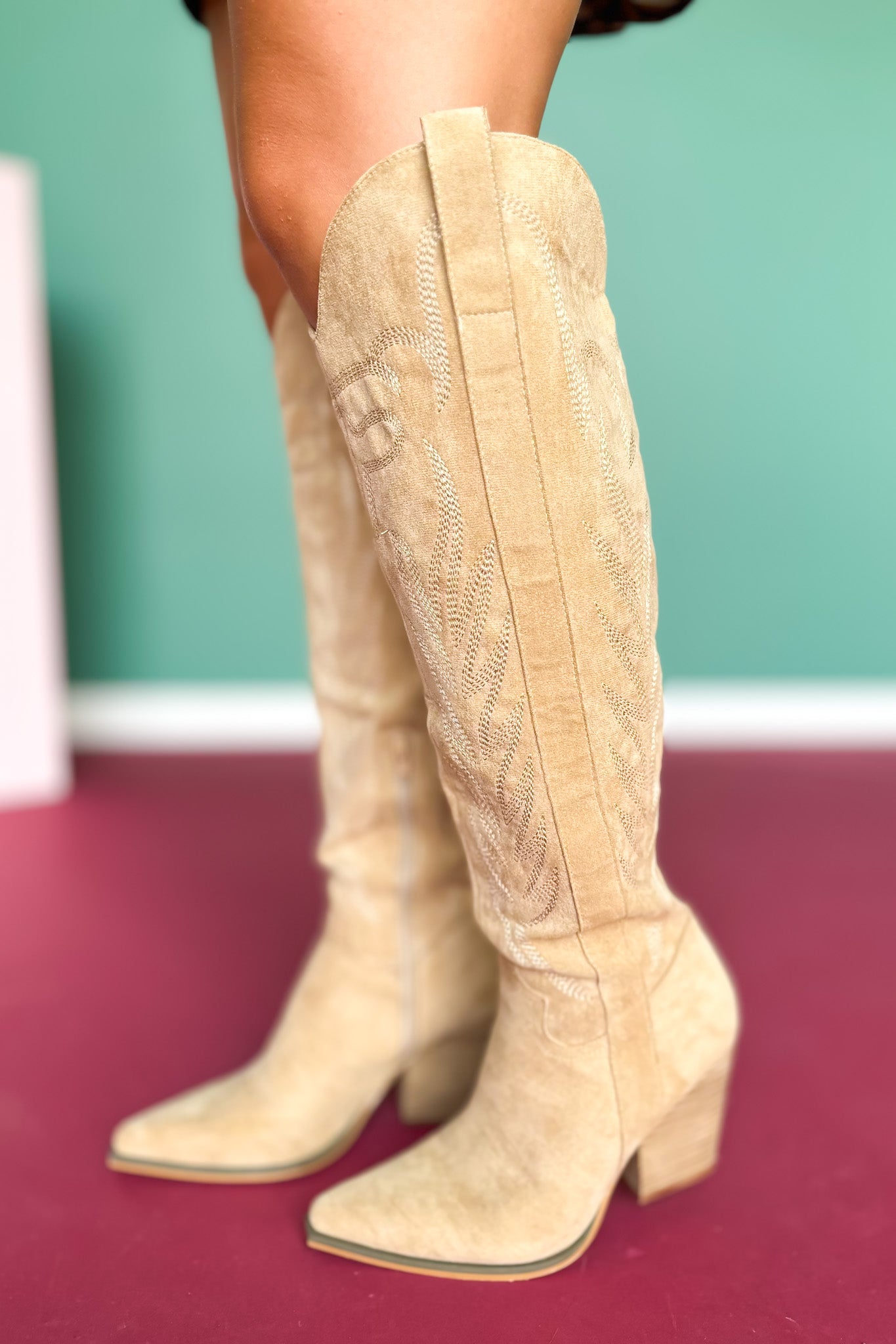 Almond Knee High Embroidered Boots