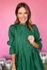 Green Eyelet Frill Neck Cuff Detail 3/4 Sleeve Pleated Dress, must have dress, must have style, fall style, fall fashion, elevated style, elevated style, mom style, shop style your senses by mallory fitzsimmons, ssys by mallory fitzsimmons