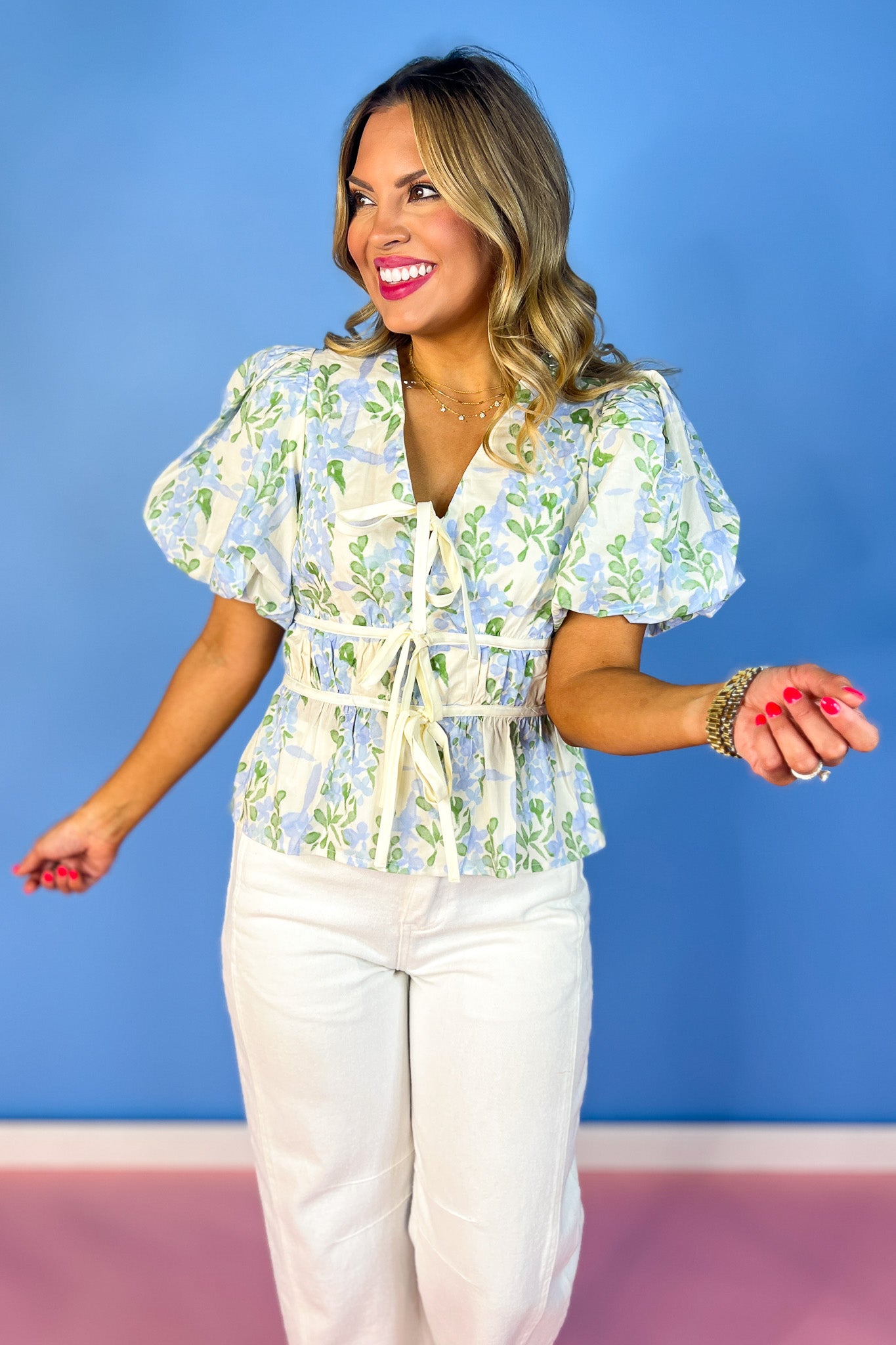 Blue Floral Print Short Bubble Sleeve Front Bow Ties Top, spring top, summer top, work top, church top, v-neck, feminine, ssys by mallory fitzsimmons
