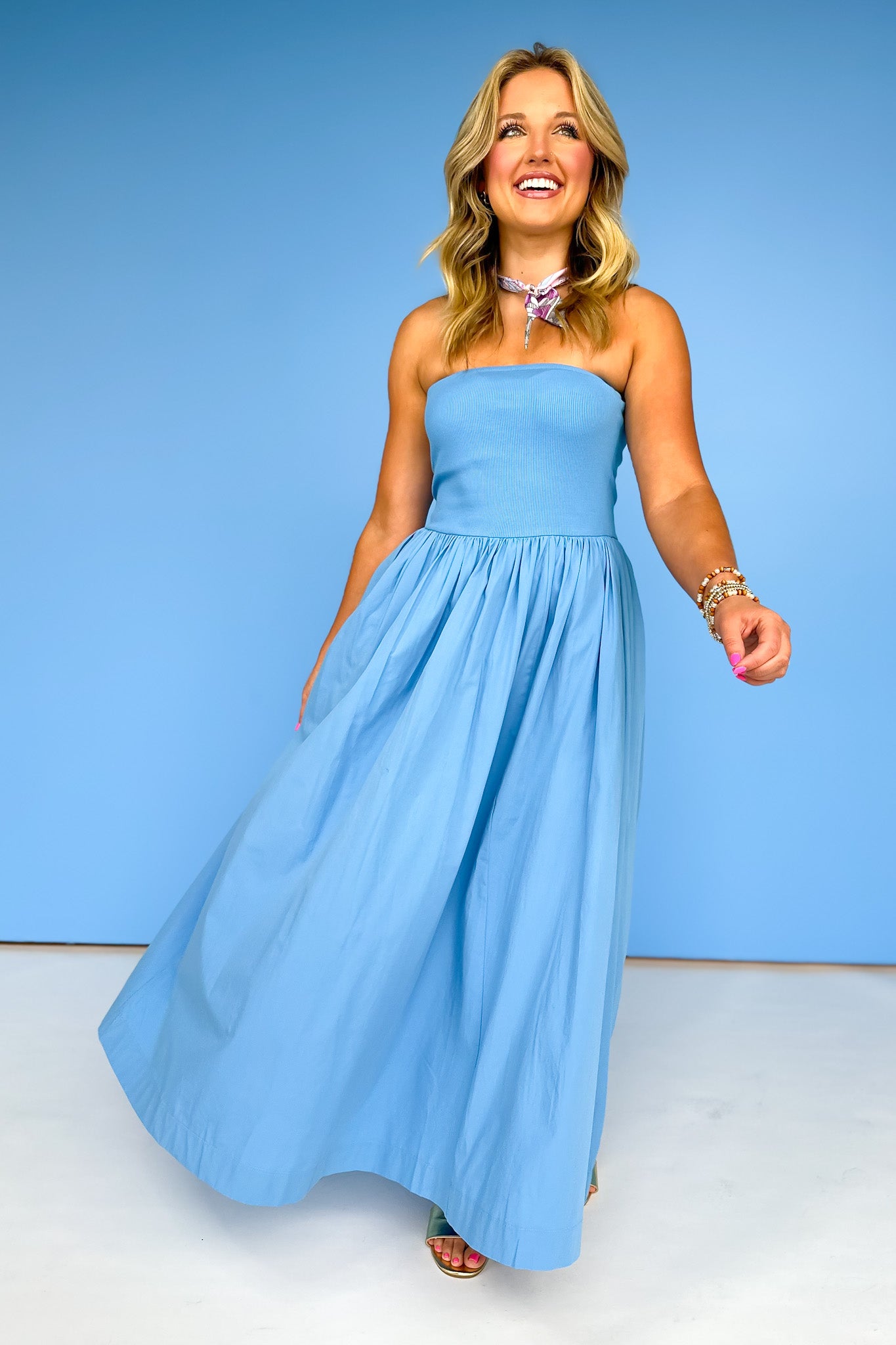 Blue Ribbed Knit Strapless Neckline Woven Midi Dress
